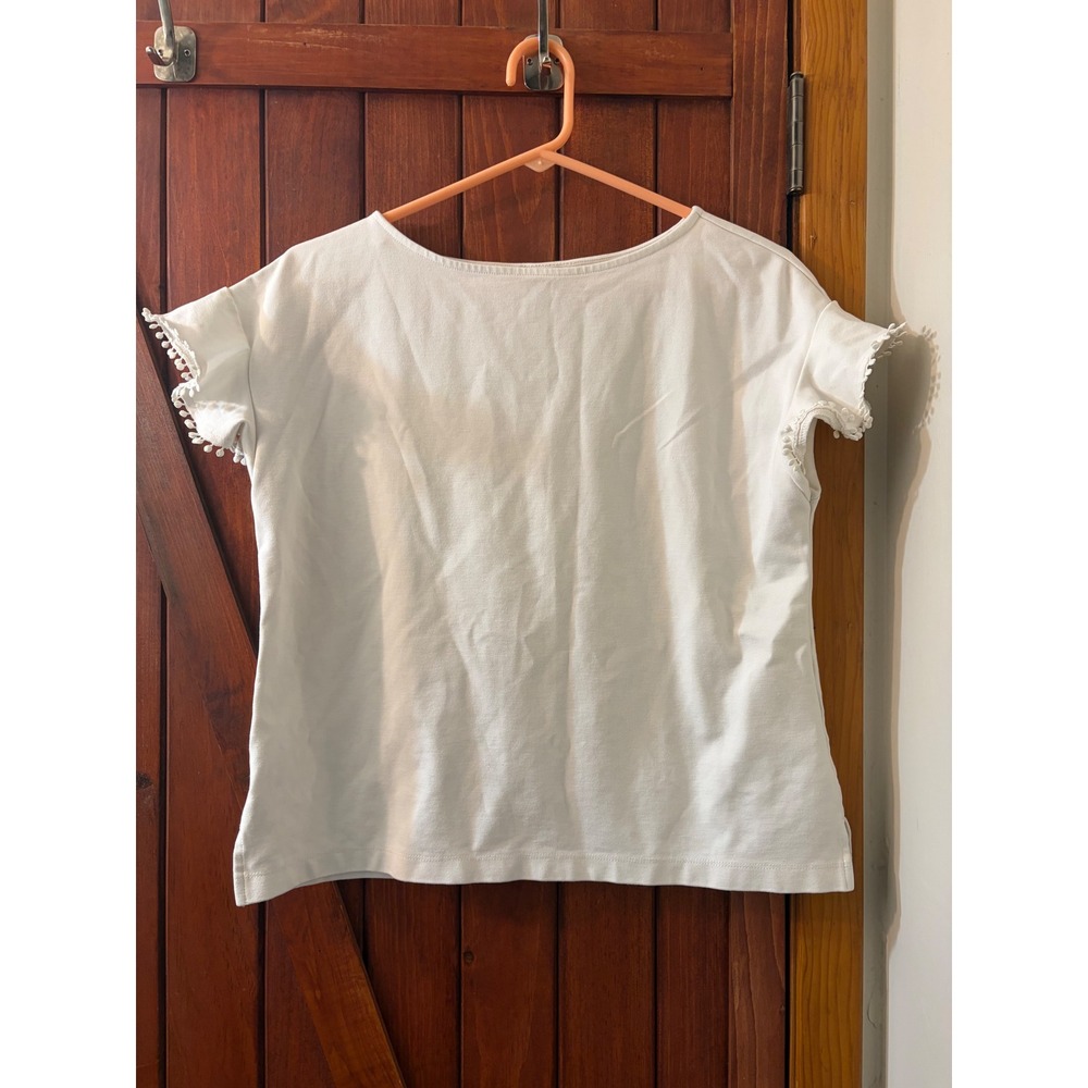 Ann Taylor White Short Sleeve Boat Neck Pom Pom Trim Knit Top Small